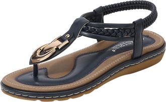 Generic Elastic Beaded Bohemian Ladies Beach Sandals Casual String Band Women Summer Footwear Comfortable Walking Shoes (Blue, 5.5)