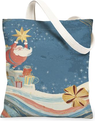 Generic Christmas Santa Canvas Tote Bags, Holiday Retro Design Reusable Grocery Bags, Winter Classic Lightweight Washable Shoulder, Blue, 13x15 Inch