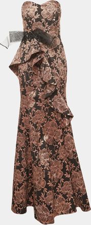 Badgley Mischka Black/pink Floral Jacquard Ruffled Strapless Gown