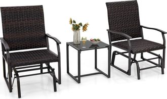 Costway Conjunto Jardin Exterior 3 Piezas De Mimbre, 2 Mecedoras Con Espuma, 1 Mesa De Centro De Vidrio Templado, Conjunto Mesa Y Sillas Jardin, Muebles Jardi