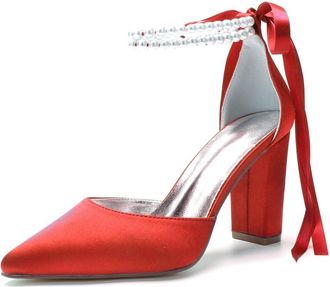 Generic Bridal Shoes Womens Pointy Toe Wedding Shoes Chunky Block Heels Satin Ankle Strap Prom Bridal Evening Party High Heels Shoes 9Cm,red,10 UK