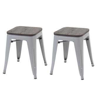 Hhg Juego De 2 Taburetes Hhg 397 Incl. Asiento De Madera, Taburete De Metal Asiento Taburete, Metal Dise&ntilde;o Industrial Apilable, Gris