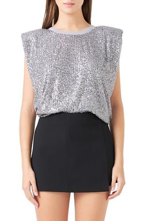 endless rose Sequin Shoulder Pad Top in Silver at Nordstrom, Size X-Small