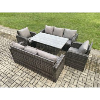 Fimous 8 Seater Lounge Rattan Sofa Set Outdoor Garden Furniture Oblong Rectangular Dining Table With Adjustable Chair 3 Seater Sofa Dark Grey Mixed - Fimous