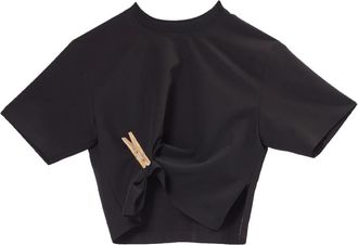 Moschino Zwarte Cropped T-shirt met Borduurwerk - Dames - T-shirts - Zwart - S - Polyester - Tops