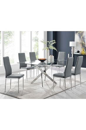 Furniturebox Leonardo Glass & Chrome Metal Dining Table & 6 Milan Chairs Dining Set in Grey