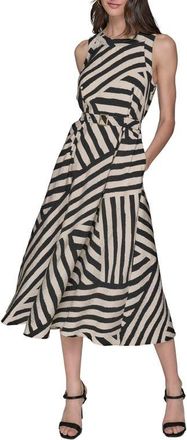 Karl Lagerfeld Crinkle Stripe Midi Dress in Oyster Gray/black Combo at Nordstrom, Size 4