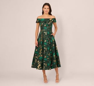 Adrianna Papell Off Shoulder Metallic Jacquard Midi Dress In Hunter Gold