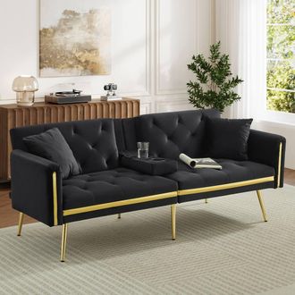 Merax 174cm Velvet Sofa Bed with Fold-Down Cup Holders & Gold Trim in Black