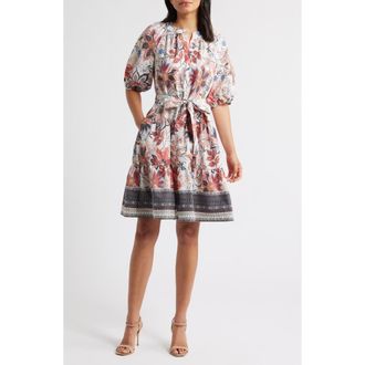Julia Jordan Tiered Tie Waist Puff Sleeve Dress in Beige Multi at Nordstrom Rack, Size X-Small