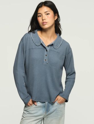 Lucky Brand Womens Waffle Collar Henley Top