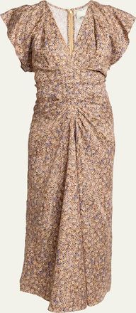 Isabel Marant Lyndsay Floral Satin Flutter-Sleeve Midi Dress