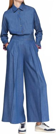 Vilagallo Long Sleeved Wave Embroidery Top In Denim