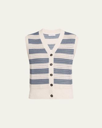 Brunello Cucinelli Sparkling Striped Crochet Knit Vest