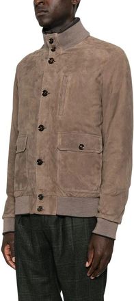Moorer Bomber Jackets, male, Brown, 5XL, Brown Stand Collar Ribbed Hem Jacket