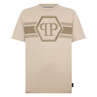 Philipp Plein Tops, Heren, Beige, M, Katoen, Rondhals T-Shirt Hexagon