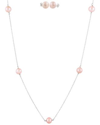 Splendid Pearls Rhodium Plated Silver 7-8Mm Freshwater Pearl Earrings & Necklace Set