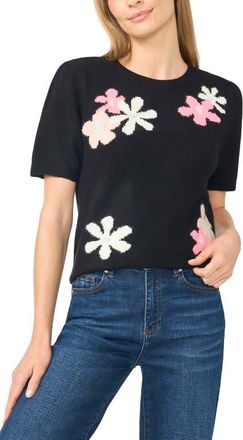 CeCe by Cynthia Steffe Groovy Flower Short Sleeve Sweater in Rich Black at Nordstrom, Size X-Small