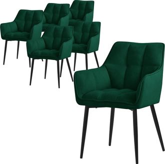 ML Design Ml-design - Set 6x Sillas De Comedor Con Respaldo Y Reposabrazos Asiento Acolchado Verde Oscuro Tapizado De Tejido De Rizo Con Patas De Metal Sill&oacute;n E