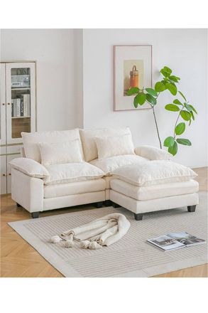 Living and Home Chenille Sectional Sofa with Ottoman and Lumbar Pillows in White
