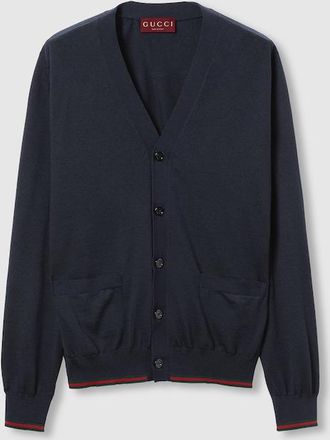 Gucci Wool Knit Cardigan With Web, Size XS, Blue, Ready-to-wear
