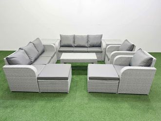 Fimous PE Rattan High Back Lounge Sofa Set Patio Oblong Coffee Table & Chairs Set w/ 3 Seater Sofa Reclining Chair 2 Big Footstool 2 Side Table Light
