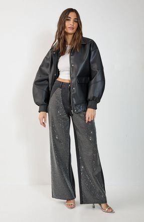 NASTY GAL Womens Diamonte Denim Chap Jeans - Black - Size 10 UK