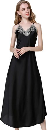 Feoya Womens Nightdress V-Neck Lace Satin Nighties Soft Pyjamas Nightwear Pyjamas Dress Black M
