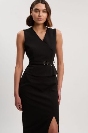 Karen Millen Womens Compact Essential Belted Tailored Midi Pencil Dress - Black - Size 16 UK
