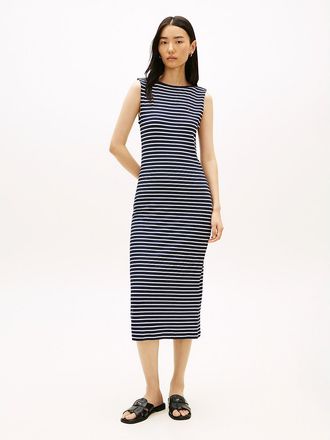 Tommy Hilfiger Womens Slim Fit Stripe Boatneck Midi Dress - Blue - XXS