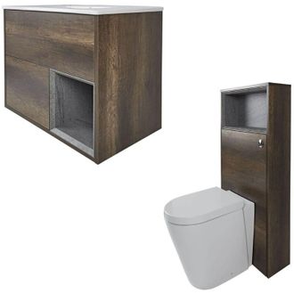 Milano Bexley Dark Oak 610mm Bathroom Vanity Unit with Basin Toilet WC Unit and Back to Wall Pan - With LED Lights