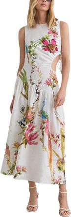 Reiss Petite Bianca Linen Floral Print Cut Out Midi Dress