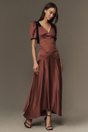 Mare Mare Bree Puff-Sleeve V-Neck Satin Slip Midi Dress