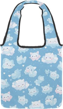 Generic Cute Cartoon Kitten Reversible Canvas Shoulder Tote - Double-Sided Print, 12oz Cotton, 27cm Drop, Fold-Flat Bag for Travel, Shopping, Street Outings