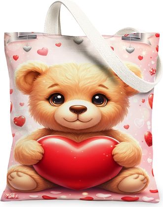 Generic Cute Bear Canvas Tote Bags, Adorable Heart Pattern Reusable Shopping Bags, ValentineS Day Lightweight Washable Shoulder St, Peach, 13x15 Inch