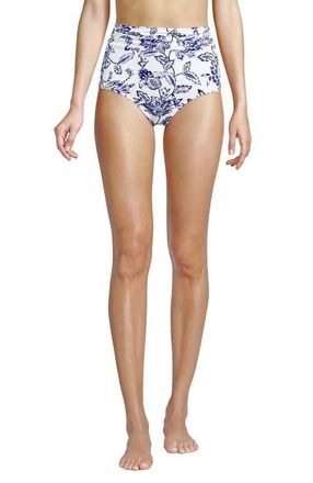 Lands End Chlorine Resistant Ruched Natural High Waisted Full Coverage Bikini Swim Bottoms in White/blue Vintage Floral at Nordstrom, Size 12