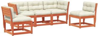 vidaXL Set De Sof&aacute;s Jard&iacute;n 5 Pzas Con Cojines Madera Pino Marr&oacute;n Cera Vidaxl