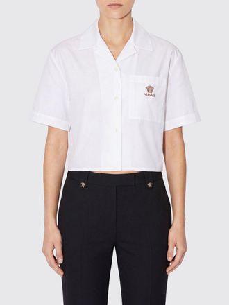 Versace Camicia cropped in cotone con maniche corte e logo Medusa