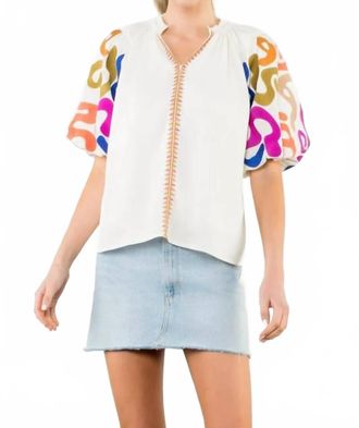 THML Clothing Embroidered Puff Sleeve Top In Cream