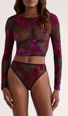 Kilo Brava Floral Flocked Long Sleeve Crop Top in Black-Boysenberry at Nordstrom, Size 3X-Large