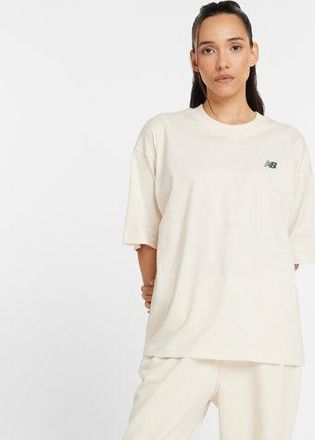 New Balance Womens Graphic Oversized Jersey T-Shirt in Beige Cotton Jersey, size Medium