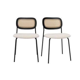 Miliboo Miliboo - Sillas De Dise&ntilde;o De Tela De Lana Rizada Blanco, Metal Negro Y Mimbre Entrelazado (juego De 2) Miranda