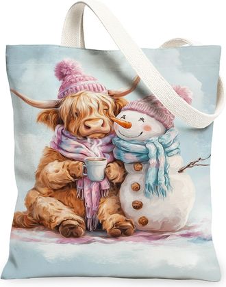 Generic Winter Cow Canvas Tote Bags, Animal Snow man Pattern Reusable Grocery Bags, Cute Vintage Art Lightweight Washable Shoulder, Blue, 13x15 Inch