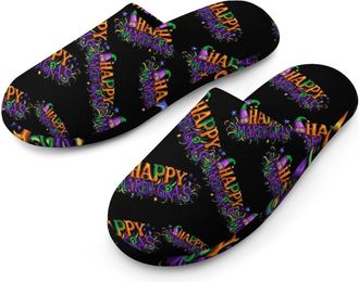 Generic Mardi Happy Day Gras Flannel Mens Slip-on Slippers Winter Warm House Shoes with Rubber Sole for Home Hotel