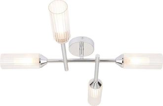 Loops Chrome Semi Flush Bathroom Ceiling Light - Ribbed & Frosted Glass - 4 Bulb
