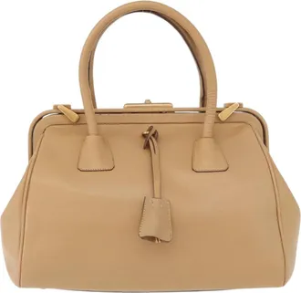 Prada Madras Cerniera Doctor Leather Beige Leather Handbag (Pre-Owned)