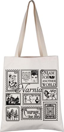 Generic PYOUL CON Inspired Gift Narnia Stamp Collection Tote Bag Lion Witch Wardrobe Handbag Bookish Gift (Narnia Stamp Tote)