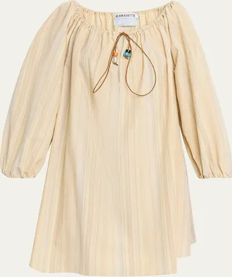 Bernadette Tie-Neck Striped Cotton Long-Sleeve Mini Dress