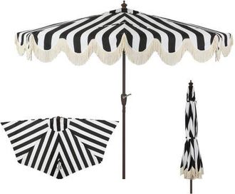 Jonathan Y Designs Beverly 9 ft. Designer Classic Scalloped Fringe Half Market Patio Umbrella with Crank, Push Button Tilt and UV Protection in Black/white