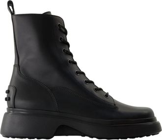Tod's Zwarte leren enkellaarzen - Ronde neus - Dames - Veterlaarzen - Zwart - 38 EU - Leer - Schoenen